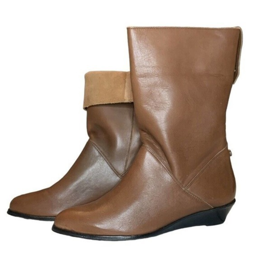 Vtg Amazonas Ladies 6.5 Brazil Brown 80’s 90’s Fold Over Leather Boots New‎